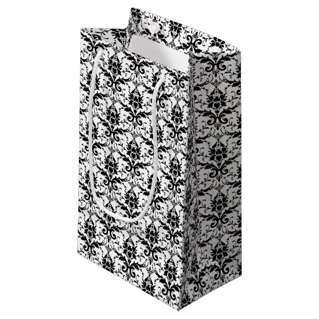 Petit Sac Cadeau Élégant Mariage damassé noir noir noir noir blanc  (Devant Angle)