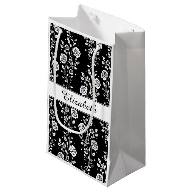 Petit Sac Cadeau Élégant Nom Floral Noir Et Blanc (Devant Angle)