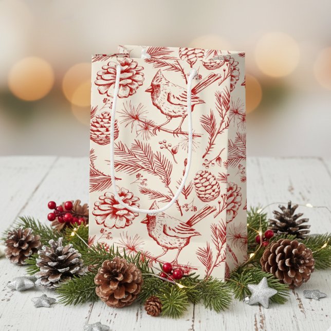 Petit Sac Cadeau Elégant Oiseau cardinal rouge, pins et baies d'hiv (Elegant Winter Cardinal Bird Gift Bags. Festive Red Bird, Pinecones, Pine Greenery & Berries Pattern)