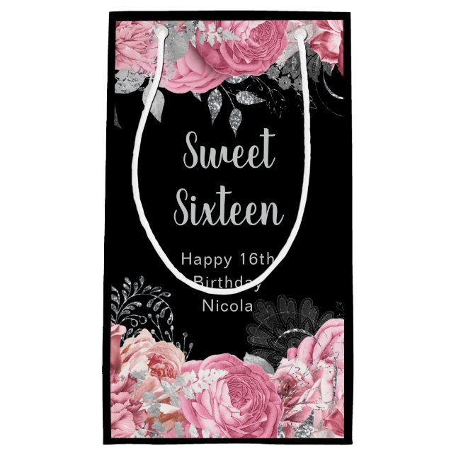 Petit Sac Cadeau Elegant Pink and Silver Flowers Sweet Sixteen  (Devant)