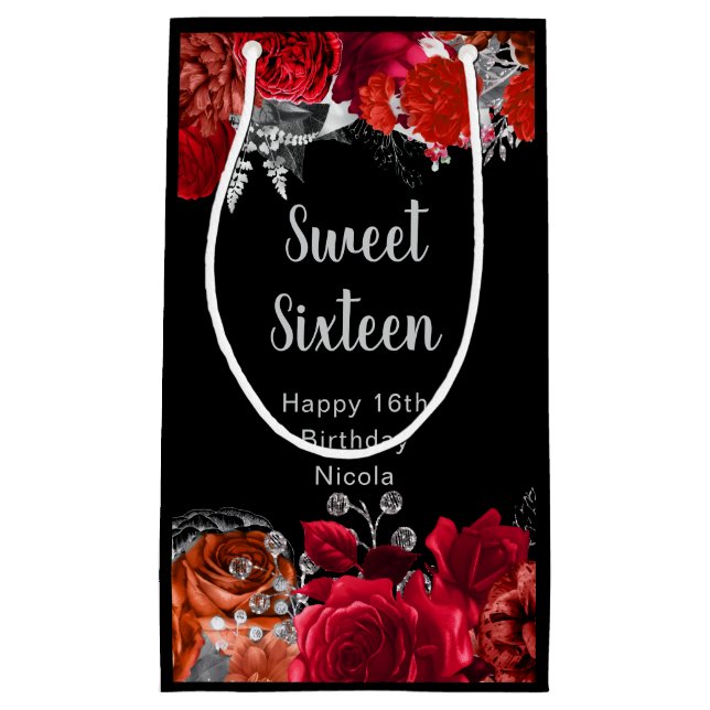 Petit Sac Cadeau Elegant Red and Silver Flowers Sweet Sixteen  (Devant)