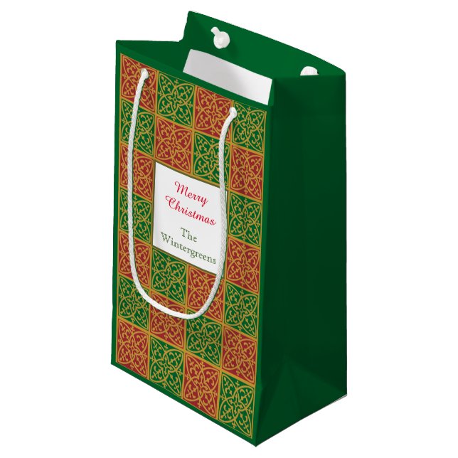 Petit Sac Cadeau Élégant rouge, vert et or modifiable (Devant Angle)