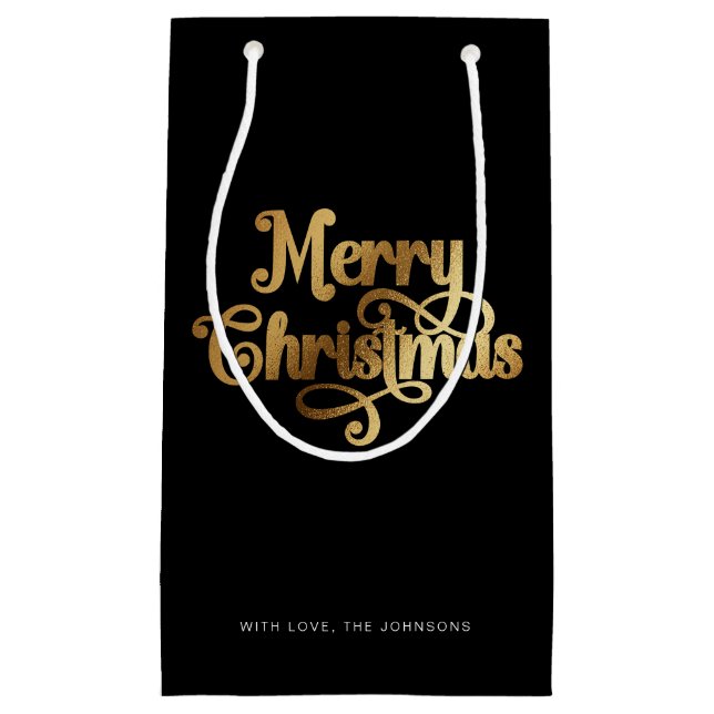 Petit Sac Cadeau Élégant Script chic Black Gold Joyeux Noël (Devant)