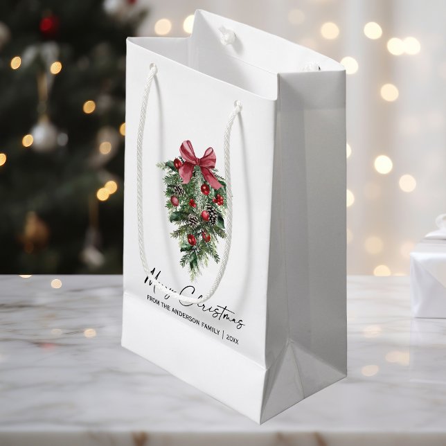 Petit Sac Cadeau Élégante aquarelle Pins Calligraphie Encre Noël (Customize to change your personalized text size or text style.)