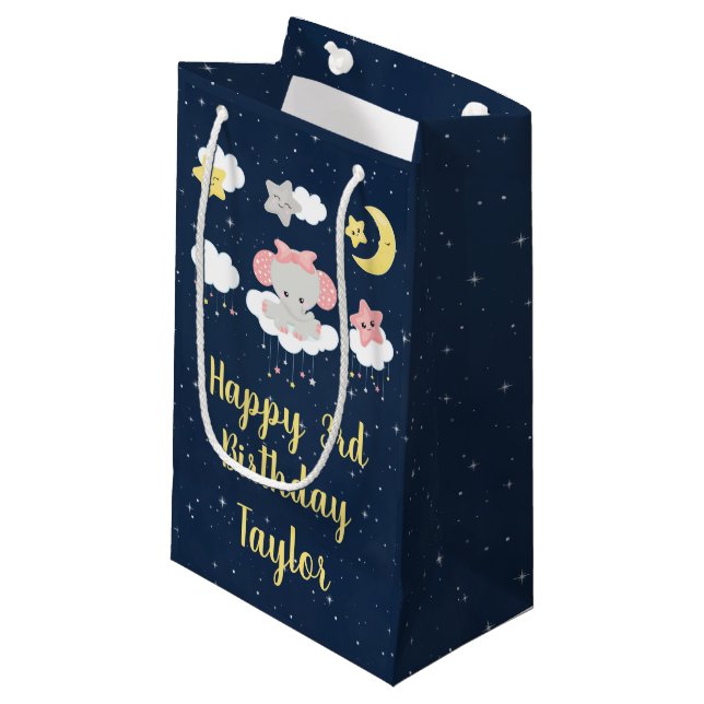 Petit Sac Cadeau Elephant rose et Marine Joyeux anniversaire (Devant Angle)