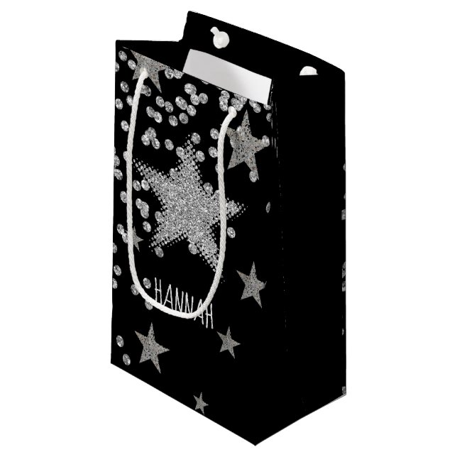 Petit Sac Cadeau Étoiles d'argent brillant Personnalisées (Devant Angle)