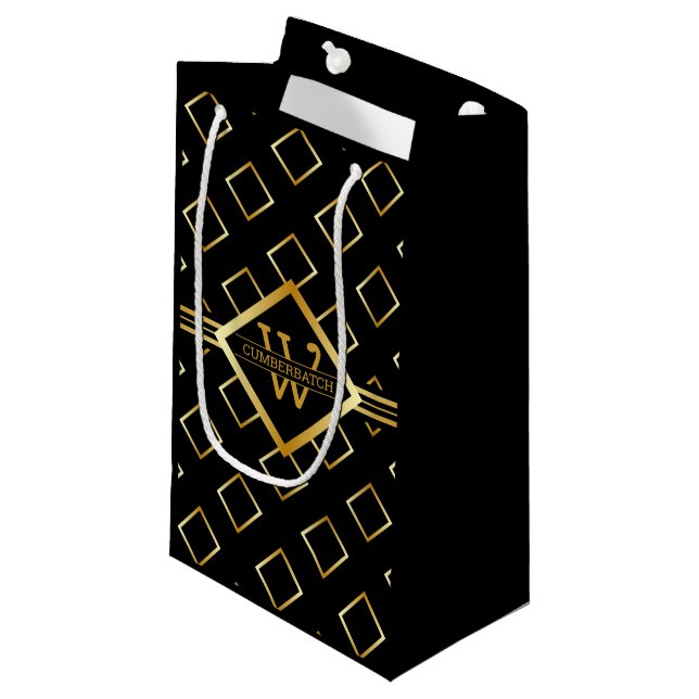 Petit Sac Cadeau FAUX Gold Geometric Pattern with Monogram on BLACK (Devant Angle)