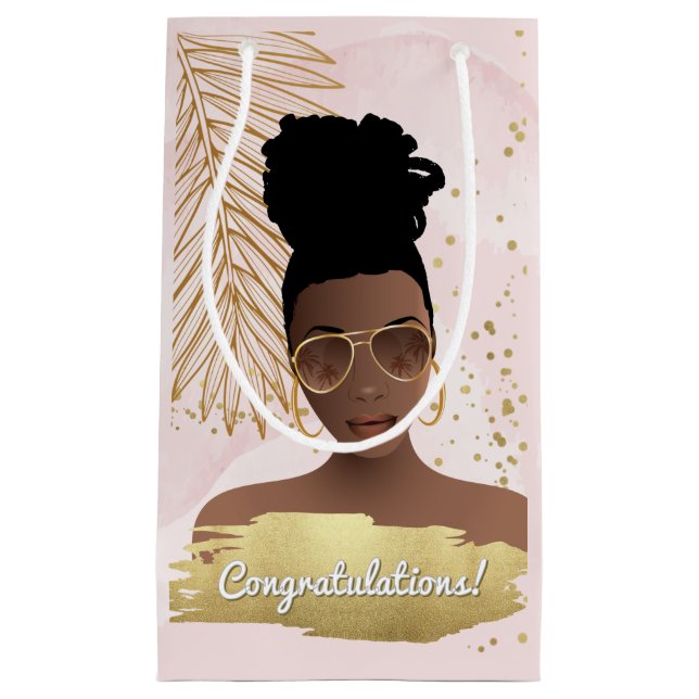 Petit Sac Cadeau Félicitation ! Black Woman Rose & Or, Tropical (Devant)