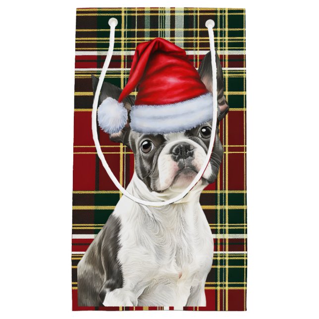 Petit Sac Cadeau Fête Boston Terrier Chien Festin Plaid Noël (Devant)