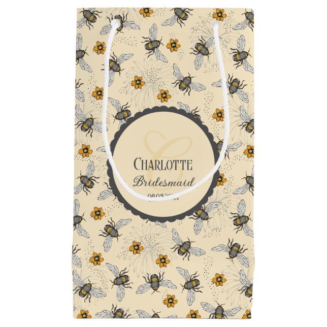 Petit Sac Cadeau Fête des mariées élégante d'abeille et de fleurs (Devant)