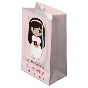 Petit Sac Cadeau Fille brunette Première communion religieuse Rose