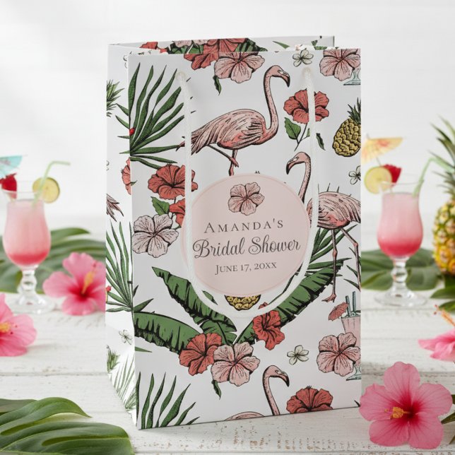 Petit Sac Cadeau Flamant rose rose tropical et Fête des mariées d'H (Chic White Tropical Floral Pink Flamingo, Hibiscus Flowers & Banana Leaves Bridal Shower Gift Bags)
