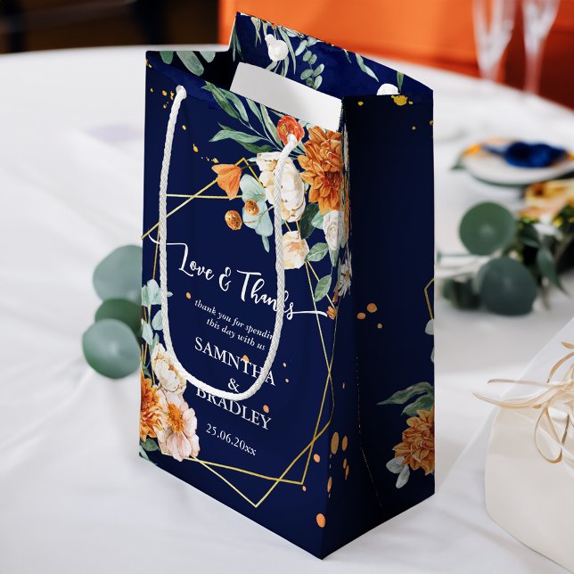 Petit Sac Cadeau Fleurs de sauge bleu orange bleu marine merci (Orange blue sage flowers navy blue thank you small gift bag wedding favor bag wedding welcome bag)