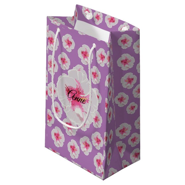 Petit Sac Cadeau Fleurs d'Hibiscus blanc Motif personnalisé (Devant Angle)