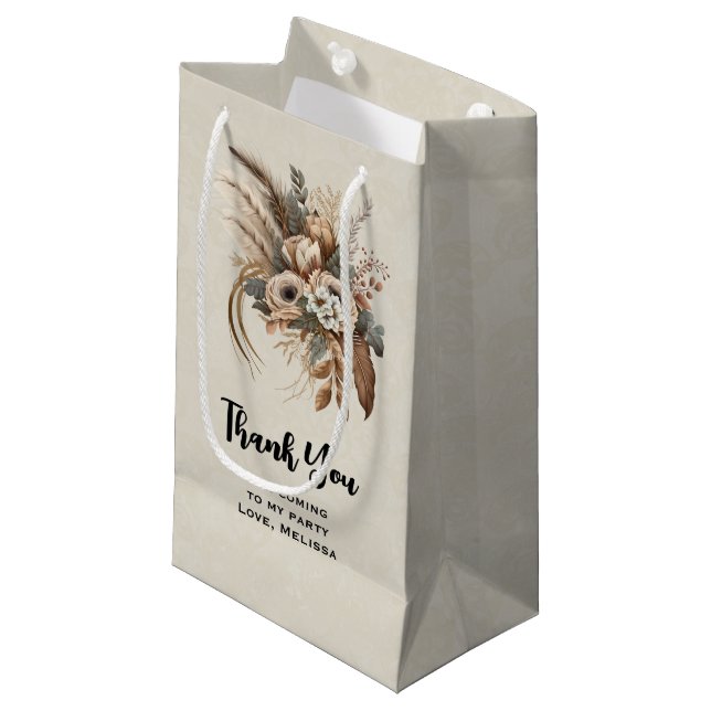 Petit Sac Cadeau Fleurs Foliage et Plumes Merci de fête (Devant Angle)