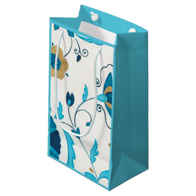 Petit Sac Cadeau Fleurs Indigo dorées avec Arrière - plan blanc (Devant Angle)
