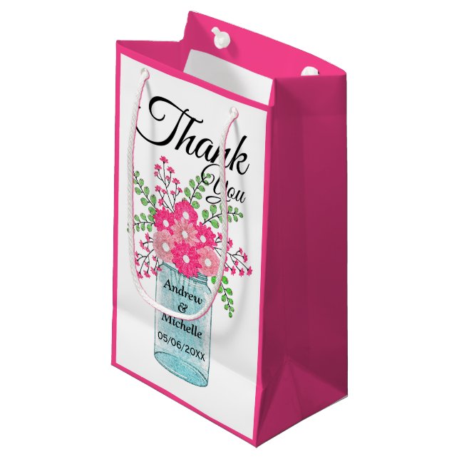 Petit Sac Cadeau Fleurs roses Mason Jar Merci (Devant Angle)