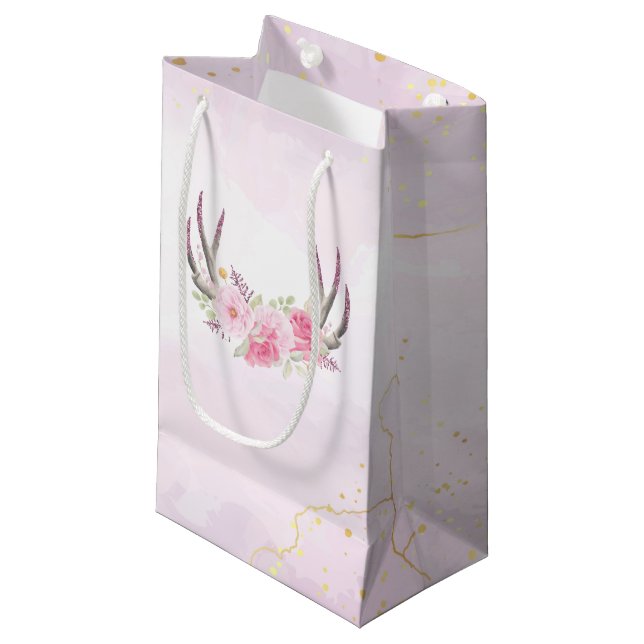 Petit Sac Cadeau Floral Antlers Blush Rose & Gold Girl'anniversaire (Devant Angle)
