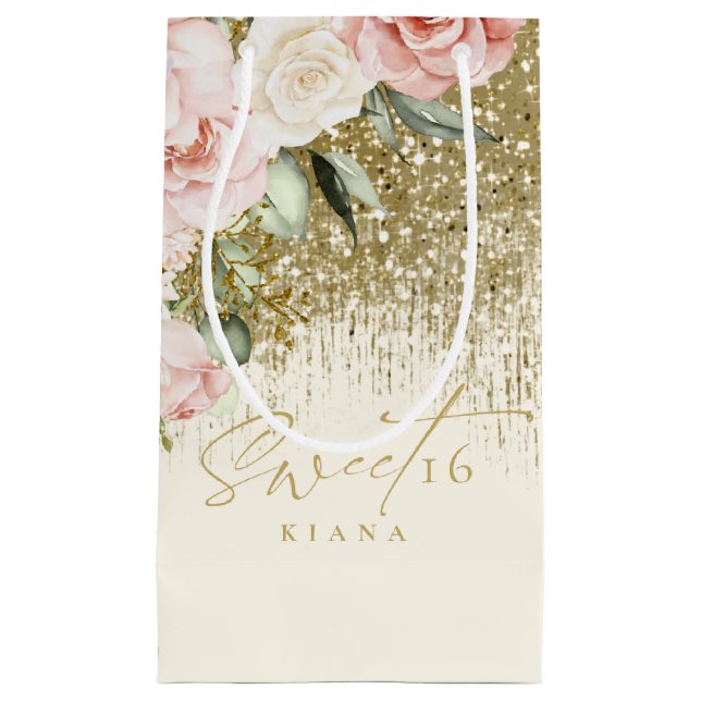 Petit Sac Cadeau Floral Sweet sixteen Gold ID912 (Devant)