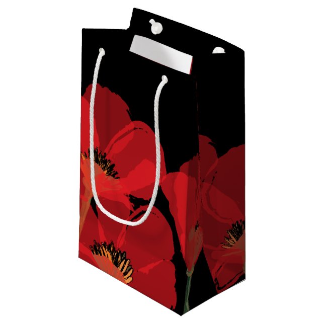 Petit Sac Cadeau Flueurs de Pavot Rouge sur Noir (Devant Angle)