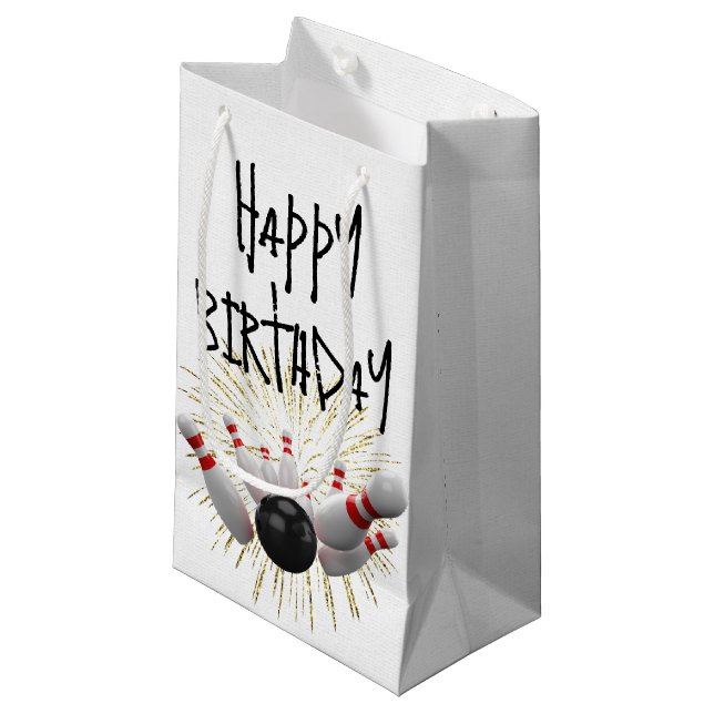 Petit Sac Cadeau Frappe de bowling d'anniversaire et feux d'artific (Devant Angle)