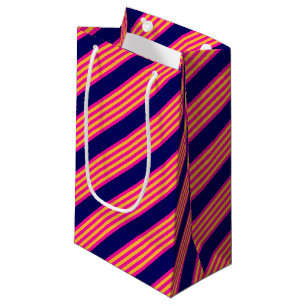 Petit Sac Cadeau Fuchsia et rayures jaunes avec bleu marine