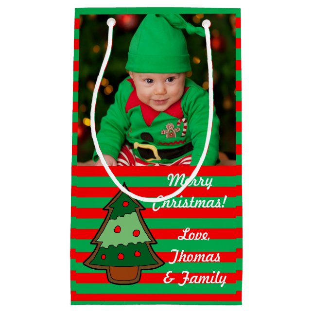 Petit Sac Cadeau Funky Festif Tree and Stripes Photo personnalisée (Devant)
