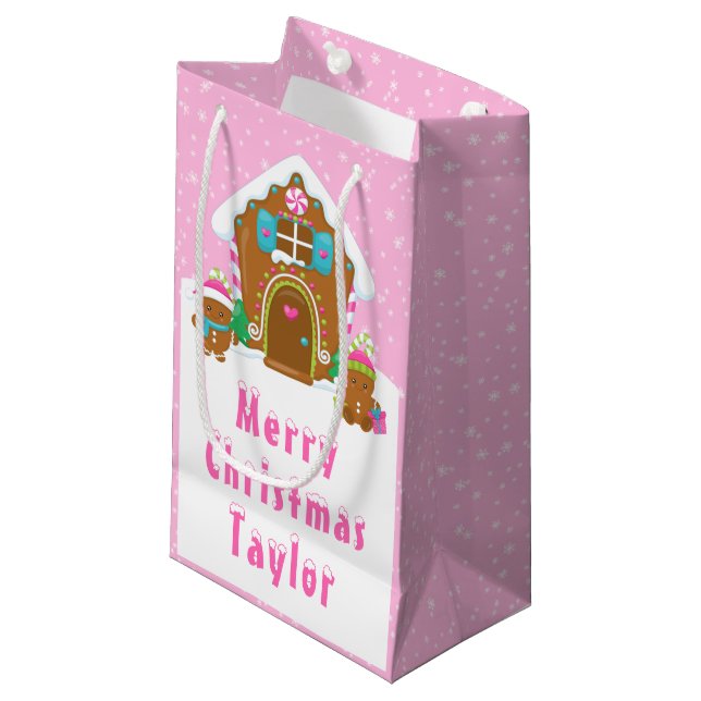 Petit Sac Cadeau Gingerbread House Bright Pink Merry Christmas (Devant Angle)
