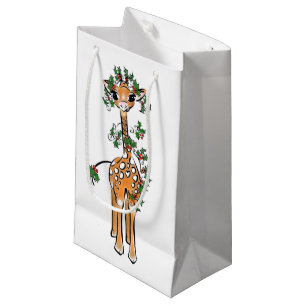 Petit Sac Cadeau Girafe festive de Noël, guirlande verte rouge