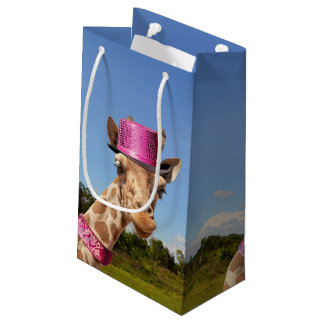 Petit Sac Cadeau Giraffe en casquette rose étincelant