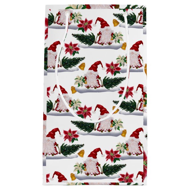 Petit Sac Cadeau Gnomes de Noël festifs, Poinsettia et cloches (Devant)