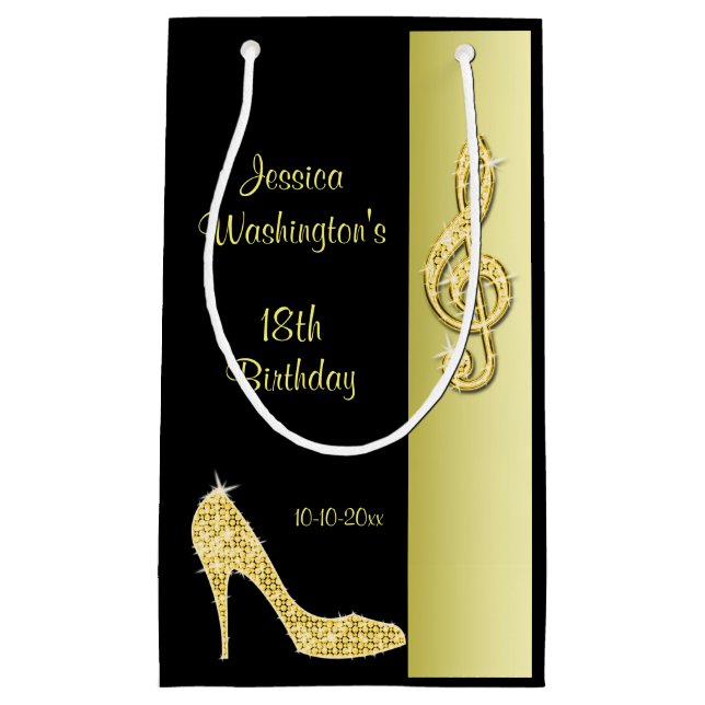 Petit Sac Cadeau Gold Stiletto et Treble Cleft 18e anniversaire (Devant)