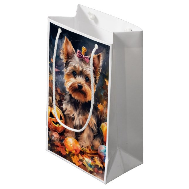 Petit Sac Cadeau Halloween Biewer Terrier Avec La Peur Citrouille (Devant Angle)