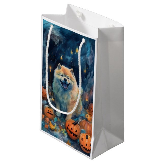 Petit Sac Cadeau Halloween Chow Chow Avec La Peur Citrouille (Devant Angle)