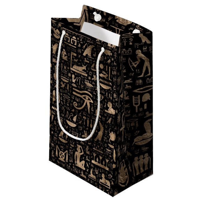 Petit Sac Cadeau Hiéroglyphes égyptiens antiques - noir et or (Devant Angle)