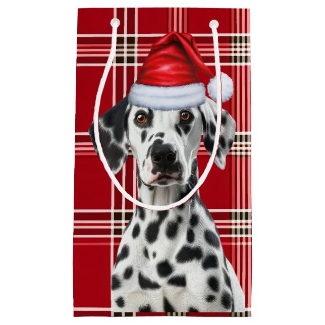 Petit Sac Cadeau Holiday Dalmatian Dog Red Festive Plaid Christmas (Devant)