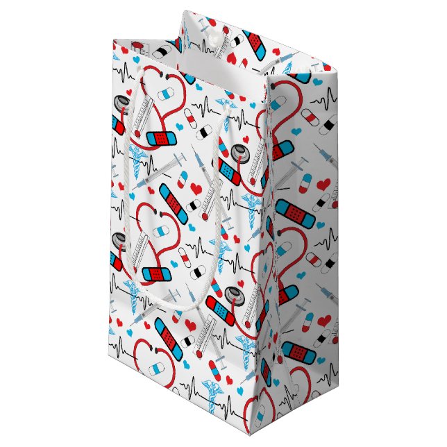 Petit Sac Cadeau Infirmière Cute Stethoscope | Docteur Motif EKG (Devant Angle)