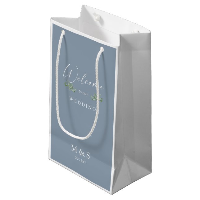 Petit Sac Cadeau Initiales Eucalyptus Mariage Faveur Dusty Blue (Devant Angle)