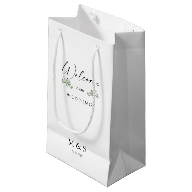 Petit Sac Cadeau Initiales Eucalyptus Mariage Favoriser Blanc (Devant Angle)