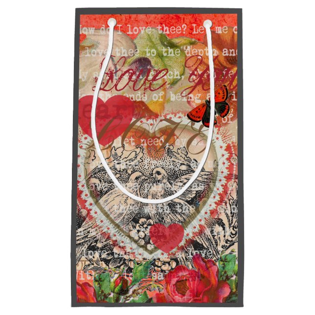 Petit Sac Cadeau Inséparables Heart Red Art Collage (Devant)