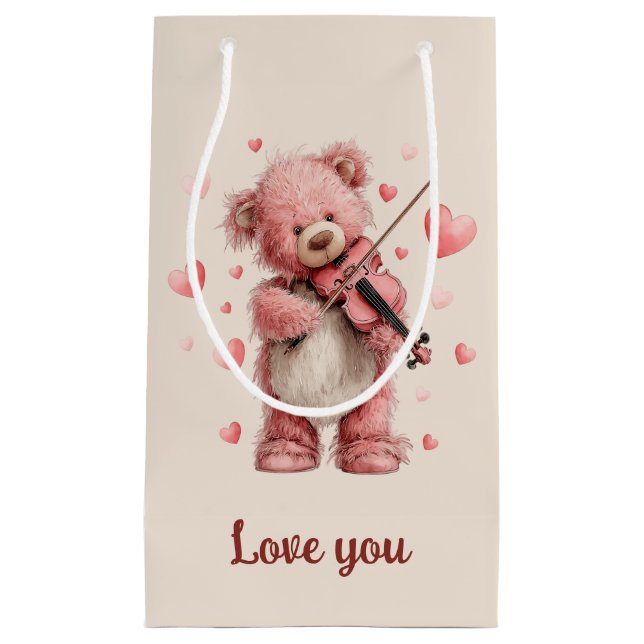 Petit Sac Cadeau Je t'aime Teddy avec un violon (Devant)