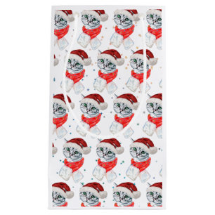 Petit Sac Cadeau Joli Chat Gris Tabby de Noël Aquarelle
