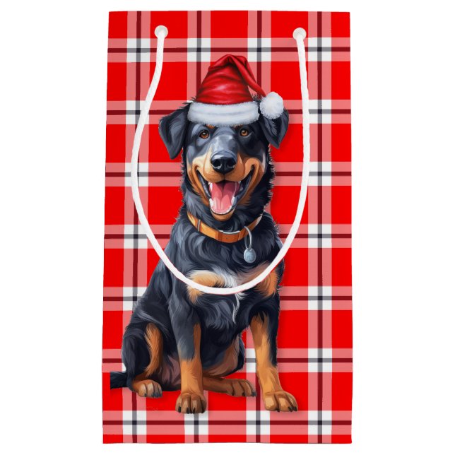 Petit Sac Cadeau Jour de Noël Beauceron Chien et Rouge (Devant)