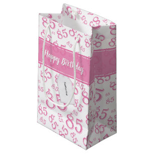 Petit Sac Cadeau Joyeux 85e anniversaire Numéro Motif rose/blanc