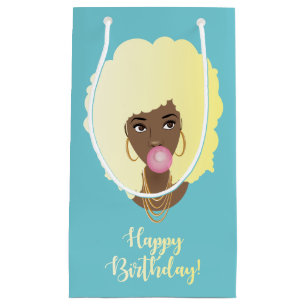 Petit Sac Cadeau Joyeux anniversaire ! Blonde Afro Bubble Gum, Bleu