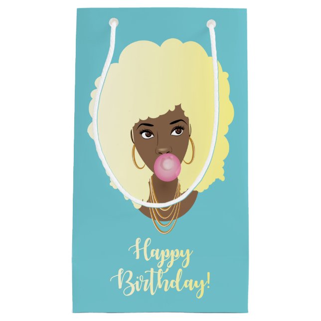 Petit Sac Cadeau Joyeux anniversaire ! Femme noire Blonde Afro, Bub (Devant)