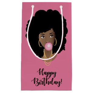 Petit Sac Cadeau Joyeux anniversaire ! Femme noire, Bubblegum, Rose
