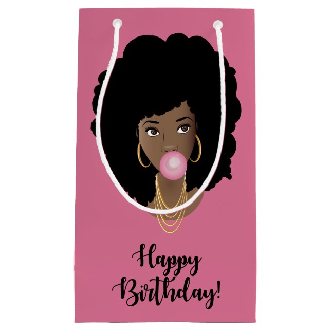 Petit Sac Cadeau Joyeux anniversaire ! Femme noire, Bubblegum, Rose (Devant)
