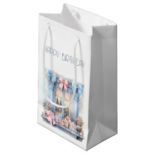 Petit Sac Cadeau Joyeux Anniversaire Hiver Bleu rose Vitre victorie