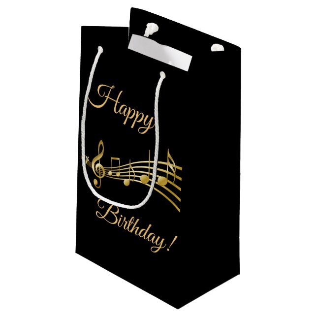 Petit Sac Cadeau Joyeux Anniversaire noir notes de musique (Dos Angle)